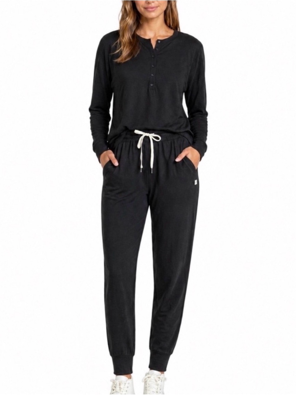 Vuori Black Gray Lux Henley Long-Sleeve Drawstring Jumpsuit